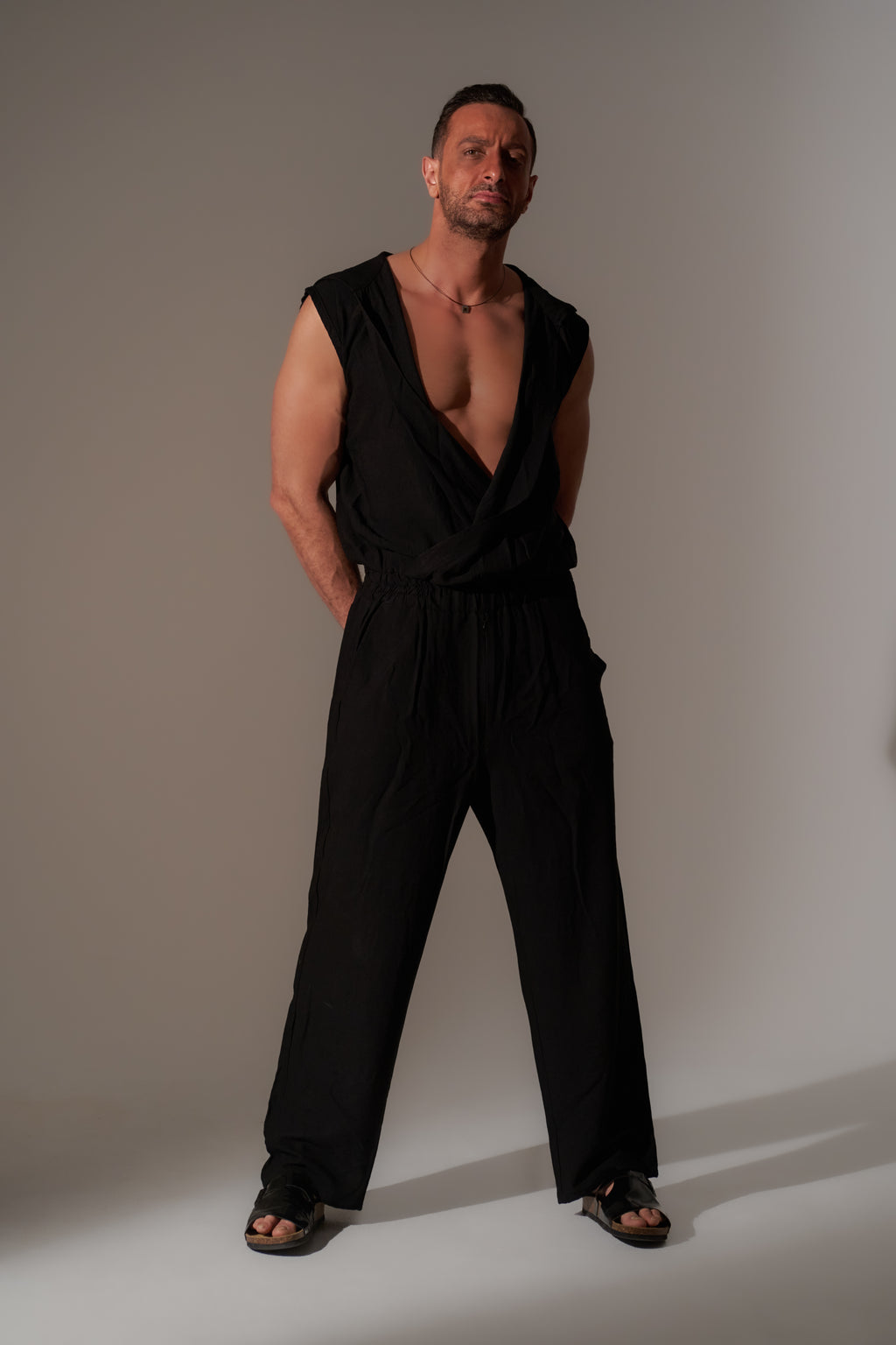 Black Linen Crossed Jumpsuit