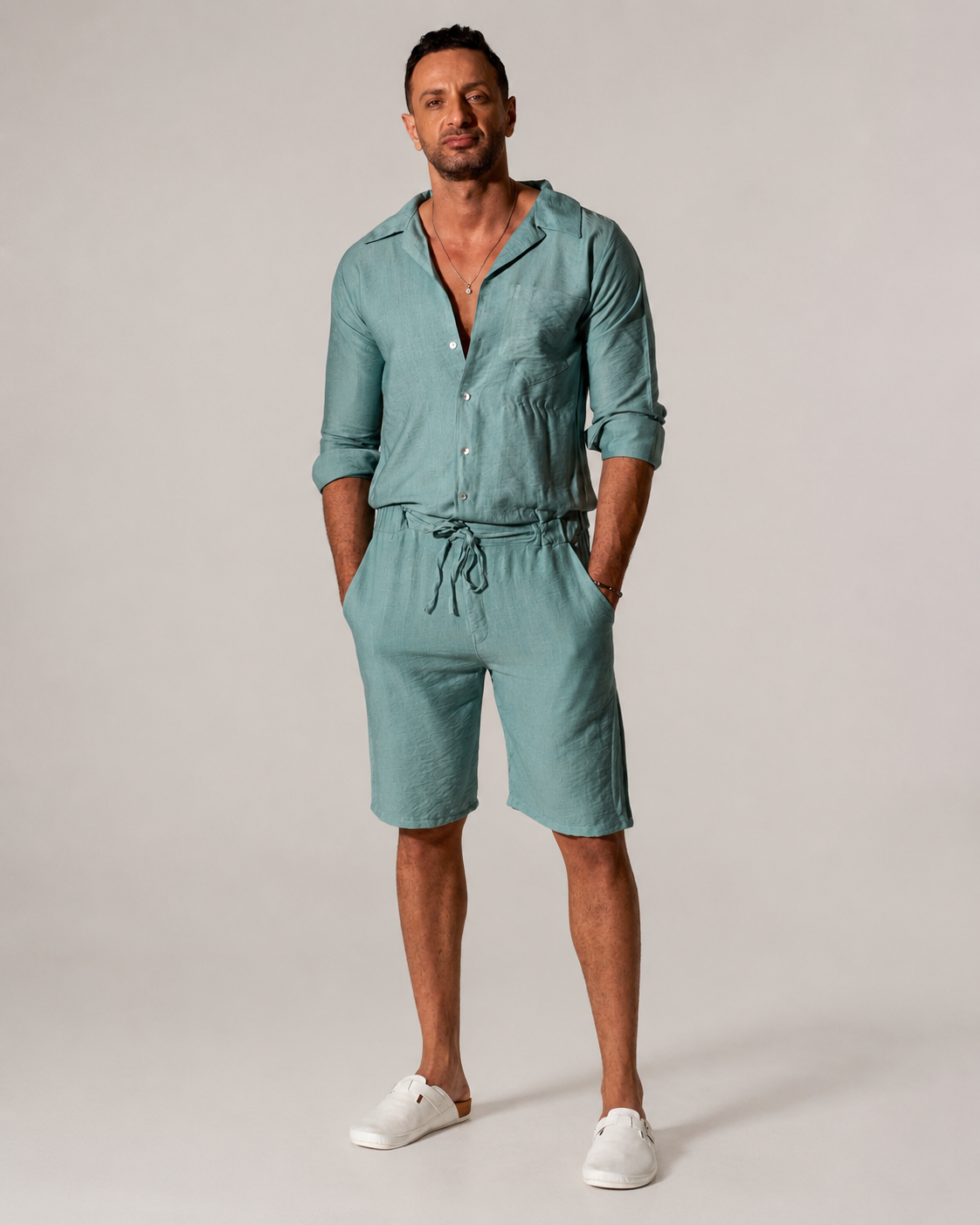 Mint Linen Jumpsuit Shorts