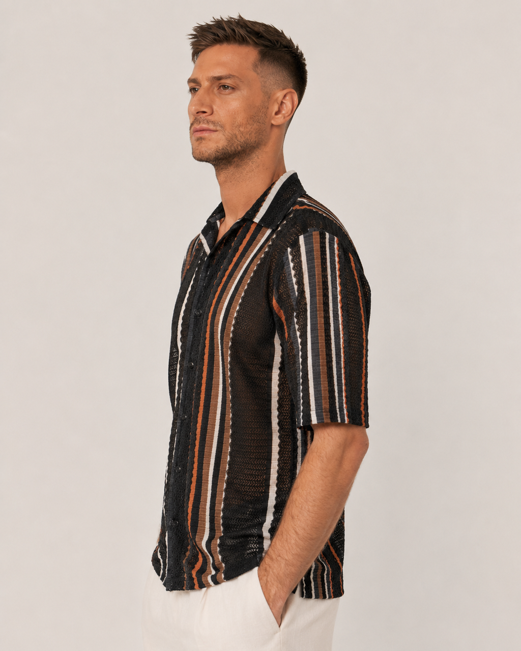 Black with Colourful Stripes Breathable Short Sleeve Shirt