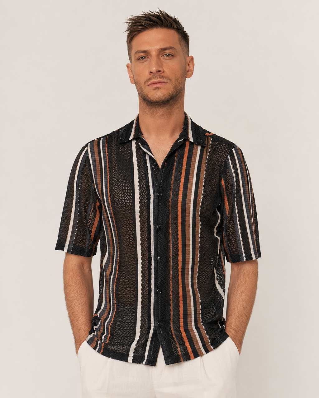 Black with Colourful Stripes Breathable Short Sleeve Shirt