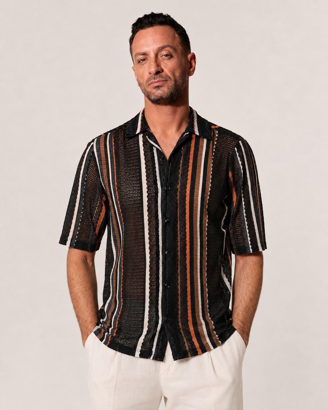 Black with Colourful Stripes Breathable Short Sleeve Shirt