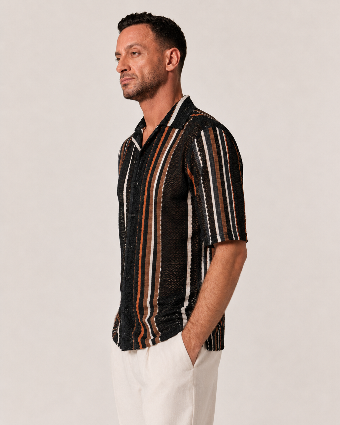 Black with Colourful Stripes Breathable Short Sleeve Shirt