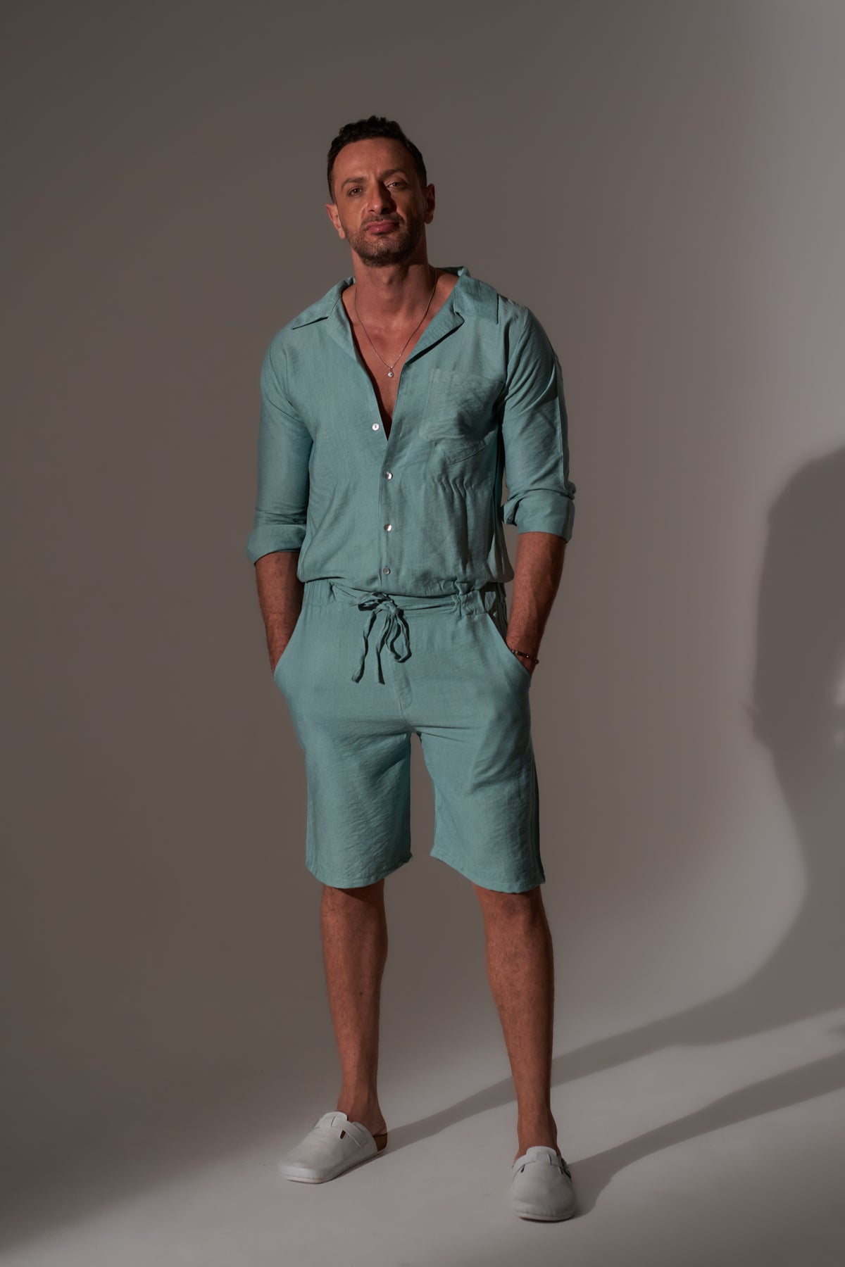 Mint Linen Jumpsuit Shorts